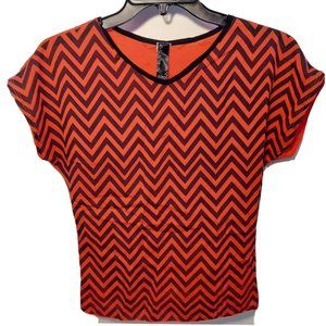 Orange Black Short Sleeve Top S/M Stripes Chiffon Blouse by Zoah